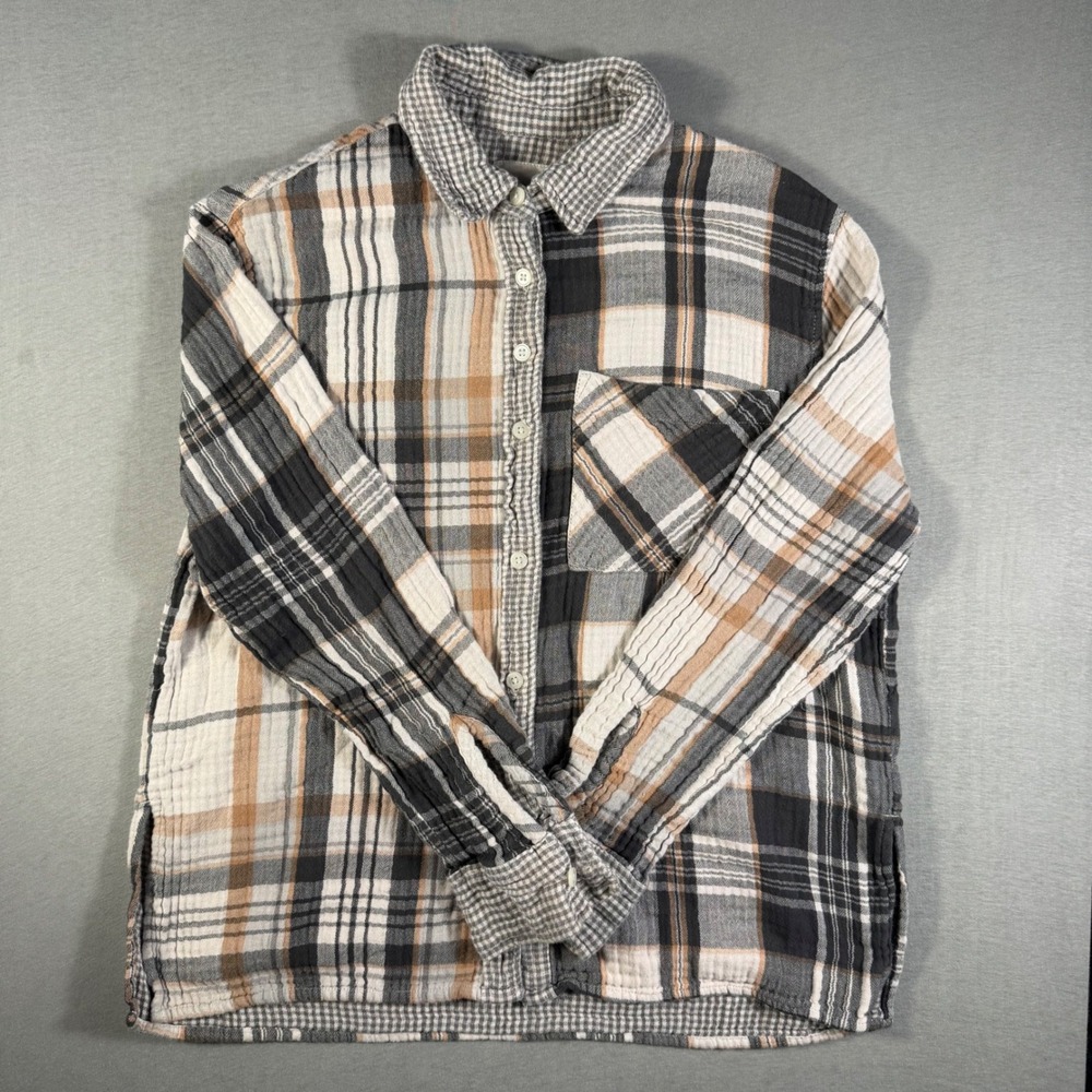 Aerie Plaid Double Gauze Button Flannel Shirt Black Tan White XS